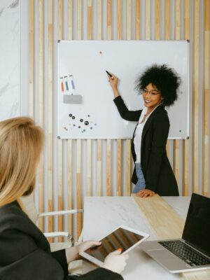 Photo by Anna Shvets Confident businesswoman leading a presentation using a whiteboard in a modern office.